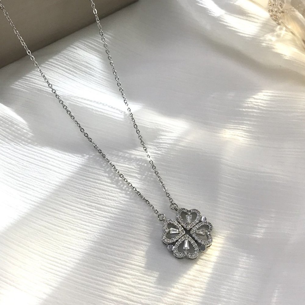 Magnetic Heart Shaped Clover Pendant Necklace Fashion Jewelry, Silver